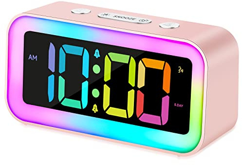 Cadmos Cute Pink Loud Alarm Clock with RGB Night Light - Perfect for Girls Room Decor and Kawaii Gifts, Small Size for Bedside or Desk Lamp in Bedrooms, Ideal for Kids, Teens (Light Pink)