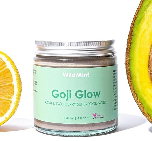 WildMint Goji Glow Natural Scrub | exfoliering och förnyelse kropp och ansiktsskrubb för torr hud | Gently Removes Dead Skin | Hjälper akne och hyperpigmentering | UK Made Vegan & Cruelty-Free