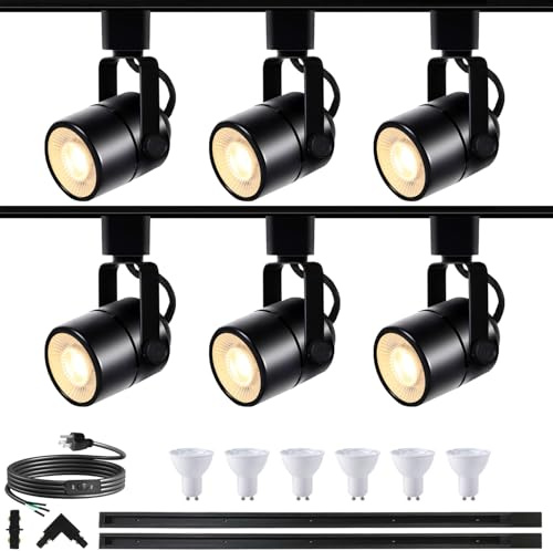 Bravsekai GU10 LED Black Track Lighting Complete Kit, 6000K Cool White, 6 Packs GU10 Dimmable Ceiling Spotlight Fixture with 6.56ft H Type Track Rails, Replaceable 10W LED Bulbs for Home