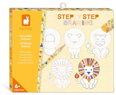 Janod - Step by Step Drawing - Zeichnen lernen - 20 Tier-Modelle - Zeichenset für Kinder - Zeichen- und Konzentrationsförderung – Ab 6 Jahren – J09155, weiß schwarz