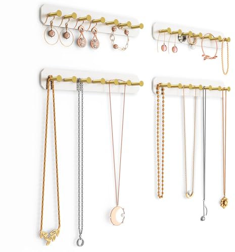 NiHome 4-Pack Wall Mount Acrylic Jewelry Storage for Necklaces, Bracelets, Earrings, Accessories, Easy Installation for Vanity, Bathroom, Kitchen (White)