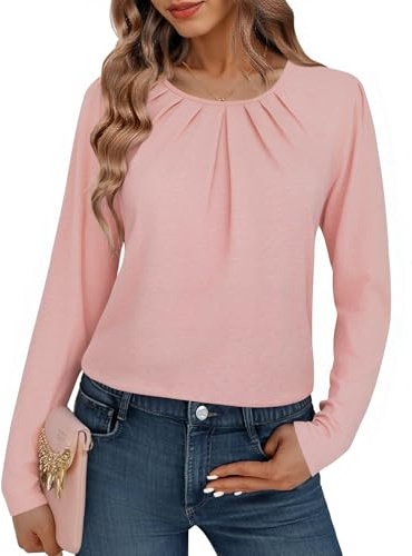 Totatuit Blusa Donna Manica Lunga Girocollo con Dettagli a Pieghe – Maglietta Classica e Femminile per Autunno