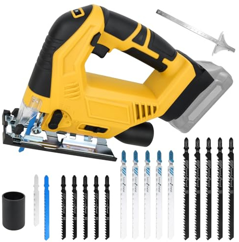 20V Cordless Jigsaw Tool, 300W Electric Jigsaw with 0-2700 RPM & 0-45° Bevel, 4 Orbital Settings Jig Saw, Compatible with DeWalt 20V Battery, with 15-Piece Jig Saw Blades Set (Battery Not Included)