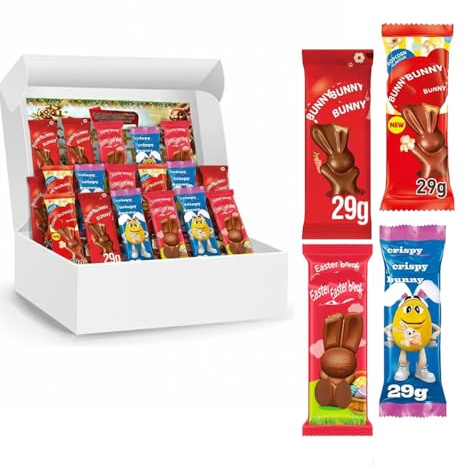 Random Mixed Easter Bunny Milk Chocolates 29g With Gift Box - Assorted Flavours of Mixed Bunny Chocolates- Perfect for Easter Egg Hunts,Gifting,Party Bag Fillers (5 x Bars)