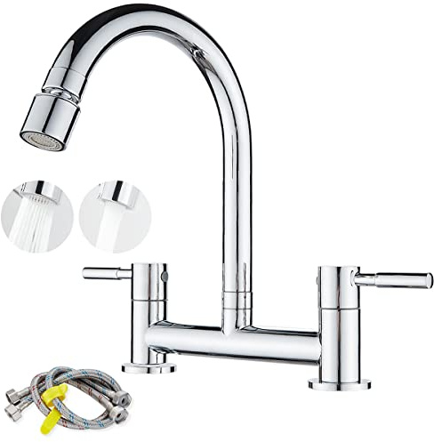 Bridge Kitchen Sink Mixer Tap, 2 Lever Sink Tap with 2 Mode Sprayer, Chrome
