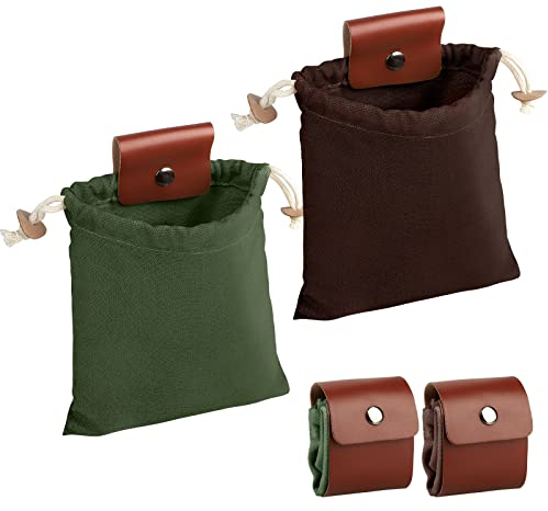 EEEKit Tasche für Futtersuche Gewachstes Canvas, 2er-Pack Faltbare Canvas Leder Mushroom Foraging Gürteltasche, Bushcraft Pouch für Camping, Wandern, Ernten, Sammeln, Braun und Grün