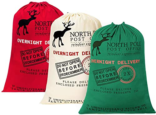 KAHEIGN 3 Piezas Bolsa de Navidad Largo Saco de Papá Noel Bolsa de Lona con Cordones - 3 Colores Bolsas de Entrega al Día Siguiente de Navidad Tamaño Extragrande 70CM x 50CM