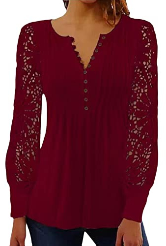 Tomwell Donna Bluse Maniche Lunghe in Pizzo Camicia Allentata Casuale Stampa Floreale Tops Elegante Maniche in Pizzo Maglietta Moda T-Shirt in Primavera ed Estate A Rosso XXL