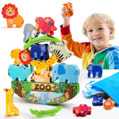 IPOURUP Wooden Animal Blocks Stacking Toy Kids Christmas Birthday Gifts for Boy Girl Age 3-7 Animals Montessori Toddler Toys 3 4 5 6 7 8 Year Old Boys Girls Educational Toys Fine Motor Balance Game