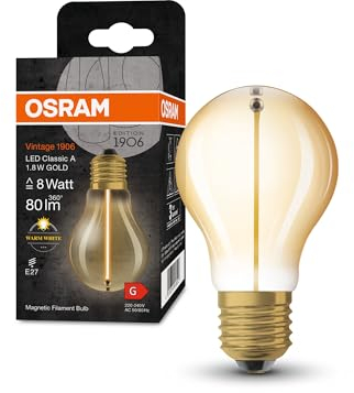 Osram LED-Lampen, Vintage-Edition, 8 Watts Ersatz, E27, A-shape, 2700 Kelvin, Warm weiß, Klares Glas, single Pack