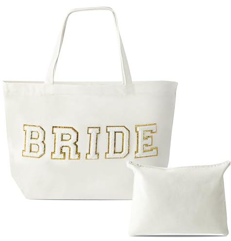 B1ykin 2Pcs Bride Chenille Letter Patches Canvas Tote Bag, White Bridal Shower Honeymoon Wedding Gift Bag with Zipper Pocket, Travel Handbag Zipper Pouch for Women Engagement Bachelorette Party