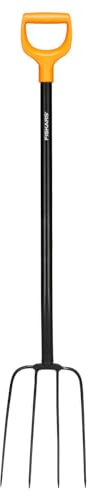 Fiskars Horca para compostar con 4 púas, Longitud: 126 cm, Púas de acero de calidad/Mango de plástico reforzado con fibra de vidrio, Negro/Naranja, Solid, 1070674