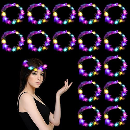 HIQE-FL LED Piume Capelli Fascia,16 Pezzi Ghirlanda Di Piume A LED,Corona Luminosa LED,LED Fiore Ghirlanda Capelli,Halloween,Natale,Decorazione del Partito