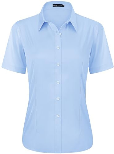 J.VER Womens Short Sleeve Shirts Blue Summer Fitted Stretch Business Casual Button Down Shirt Formal Dress Work Ladies Tops Blouses