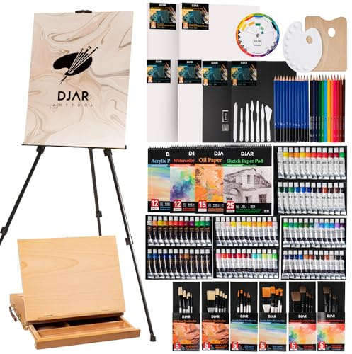 DJAR 174-teiliges All-in-One-Kunst-Malset mit Tischstaffelei und Stativ, Acryl, Aquarell, Öl- und Skizzen-Set, 96 Acryl-, Aquarell- und Ölfarben-Set für Anfänger, Profis, Künstler