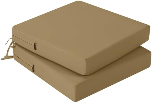 PRIMEPATIO Lot de 2 coussins de chaise, 45 x 45 cm, en mousse imperméable, pour extérieur, pour terrasse, avec bandes, pour salle à manger, couleur: tortora