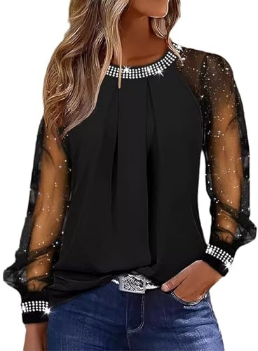 Camiseta brillante para mujer, túnica de encaje con lentejuelas, vestido de Nochevieja, brillante, camiseta de manga larga con cuello redondo, elegante camiseta de manga larga, camiseta festiva,
