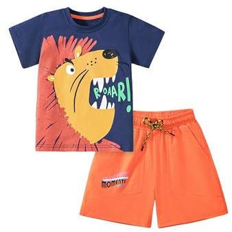 TCWWBB Toddler Boys Summer Short Outfits Clothes Set Kids Cool Dinosaur Digger Animal Print Short Sleeve Cotton T-Shirt Tops and Shorts 2 Piece Crewneck Clothing Set Age 1-7 Years Old