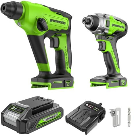 Greenworks 24 V 1,2 J - Martillo perforador inalámbrico con llave de impacto (300 Nm, batería de 2 Ah y cargador