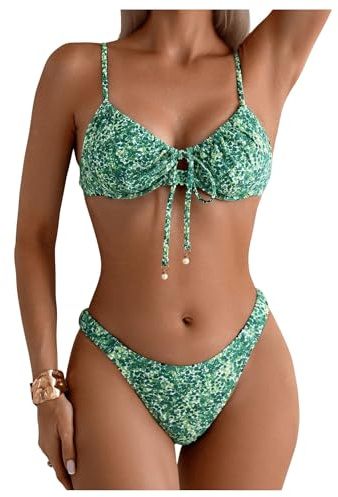 Giyaluzw Bikini dam set triangel bikinis för kvinnor blommönster sommar sport baddräkt tanga och justerbara remmar för strand, pool och semester, Grön, L