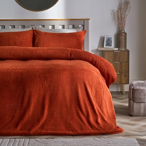 Brentfords Teddy Fleece Duvet Set Double, Super Soft Warm Thermal Double Duvet Luxurious Plain Dye Fluffy Fleece Cosy Teddy Bear Bedding with Matching Pillowcases, Rust