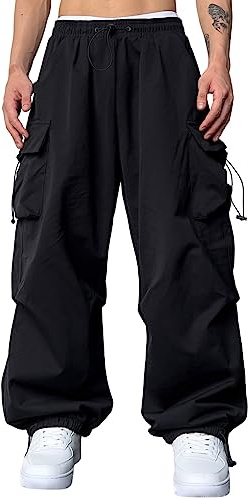 JMIERR Mens Trousers Cargo Pants Casual Tracksuit Bottoms Drawstring Outdoor Jogging Sweat Pants with Pockets,Black,3XL
