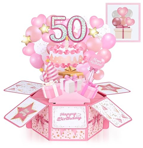 Joyoldelf 50:e födelsedagskort för kvinnor, mamma – 3D-pop-up-kort med klisterlapp och kuvert, unikt rosa grattis på födelsedagen gratulationskort till henne, 50:e present till mamma, fru, syster vän