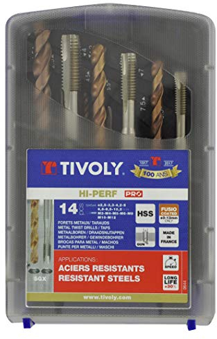 TIVOLY - Coffret Tarauds + Forets HSS Revêtus Fusio - Lot de 7 Tarauds M3/M4/M5/M6/M8/M10/M12 + 7 Forets Ø 2,5-3,3-4,2-5-6,8-8,5-10,2 mm
