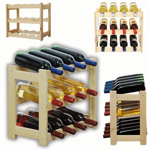 MODO24 Flaschenregal, Weinregal Holz für 12 Flaschen, Weinschrank, Weinständer, Getränkeregal, Weinflaschenhalter, Flaschen Organizer, Flaschenständer, Abmessungen 38x43x25 cm, Farbe: Natur