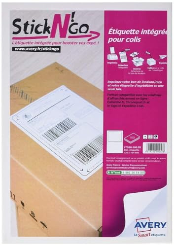 AVERY - Boite de 100 étiquettes intégrées autocollantes Stick'Ngo, compatibles Colissimo. Format 113 x 164mm. Impression laser, jet d'encre