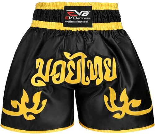 EVO Fitness Muay Thai Shorts MMA Kick Boxing Martial Arts Fight Gear (Black and Gold, S)