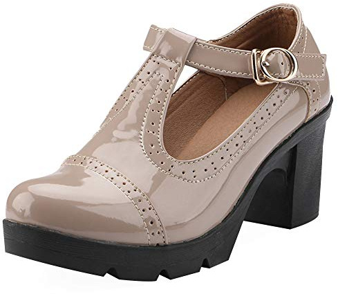 ANUFER Damen Mittlerer Blockabsatz T-Riemen Brogues Pumps Mary Janes Uniform Büro Abendschuhe Nackt SN020216 EU35