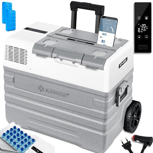 KESSER® Compressore Box congelatore elettrico Congelatore 52 litri, con controllo APP connessione USB 12/24 V 230V, +Telescopico Ruote Frigorifero raffreddamento a -20 ° C per auto, camion, barca