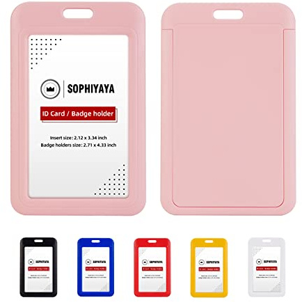 SOPHIYAYA 2 Pack Sliding ID Badge Holder - Vertical Hard Plastic Sleeve Secures Work ID Key Card Credit Cards for Office Factory School Teachers Students (Pink)