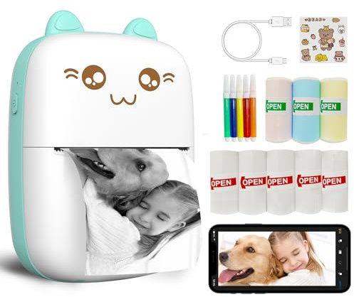 Tragbarer Mini-Drucker, tintenloser Aufkleberdrucker mit 8 Rollen Papier, Bluetooth, kabelloser Mini-Thermodrucker, kompatibel mit iOS + Android, für Tagebuch, Memo, Foto, Druckpod, Geschenke für