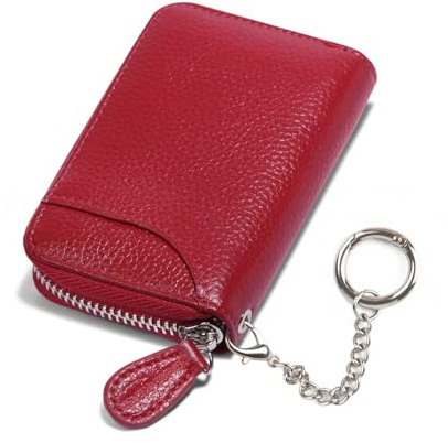 RFID Blocking Leather Wallet Excellent Genuine Leather Credit Card Holder Ladies Small Blocked Accordion Wallets with Stainless steel Zipper Compact Accordian ID Cards Bag with Keyring Wine Red