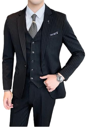 Costume 3 pièces pour homme avec veste slim + gilet + pantalon en coton rayé à simple boutonnage, Noir , M