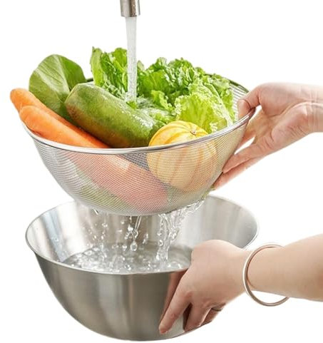 Colador de acero inoxidable con asa, juego de escurridor y colador de alimentos de cocina, enjuague de granos, cesta coladora de malla con cuenco para mezclar pasta, frutas, verduras, coladores y