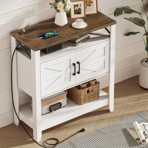 CHOEZON Farmhouse Console Table with Power Outlet, Coffee Bar Cabinet with Storage, Entryway Table, Coffee Bar Table, for Entrance, Hallway, Kitchen, White and Walnut MXG01UWL