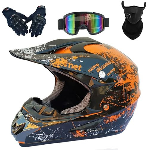 Ensemble de 4 pièces Casque de Moto pour Enfant Motocross Off-Road Casque VTT BMX Downhill(Floral yellow,S(52-53cm))