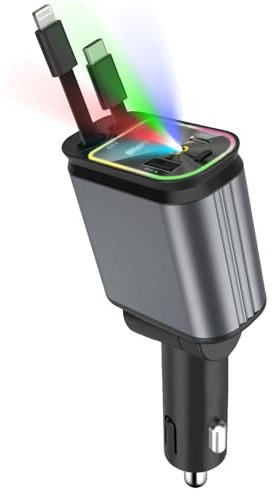 Caricatore Auto Retrattile, 4 in 1 66W con Cavo USB-C e 2 Porte, Caricatore Auto Accendisigari Carica Rapida, Compatibile con i-Phone, Sam-sung, Goo-gle Pixel, Huawei, Xiaomi, Due Modalità Luce