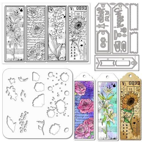 GLOBLELAND Marcapáginas Vintage con Motivo de Flores Transparente Plantillas de Sello Troqueles PET Plantillas de Pintura Marcapáginas Sellos de Silicona Marcos de Etiquetas Troqueles PET Plantillas