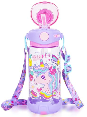PinkSheep Barns dricksflaska med sugrör/lanyard för barn, 650 ml/27 oz, BPA-fri, barns dricksflaska läckagesäker låsbart fliplock för skola, sport, resor (enhörning)