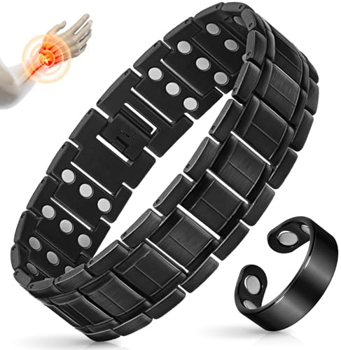 Mahnco Copper Bracelet for Men with Triple-Row Strong Magnets Magnetic Bracelets & Lymphatic Drainage Ring Set with Adjustable Sizing Tool, Magnetic Jewelry Gift (Black)