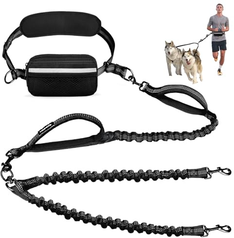 Uppetly Hands Free Double Dog Leash with Pouch, Dual Leash for 2 Dogs with Reflective Padded Handles, Durable Bungee and Lumbar Waist Belt for Walking, Jogging and Running (Medium/Large, 25-120 lbs)