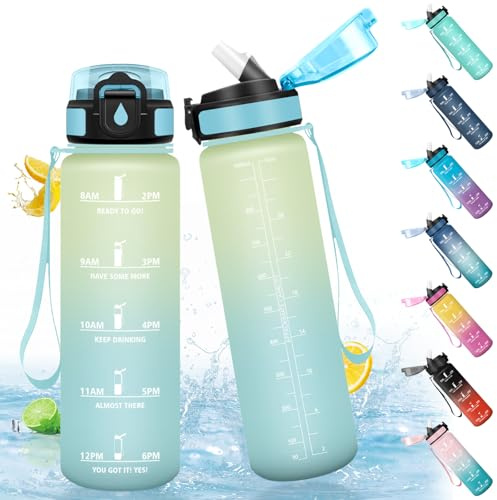 HoneyHolly Botella Agua 1 Litro, Libre de BPA & Reutilizable, Botella de Agua, con Pajita, Cantimplora Gimnasio, con Marcador de Tiempo, Cantimplora para Sport, Bicicleta, Gimnasio, Escuela