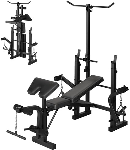 Weight Bench Set with Leg Extension and Leg Curl and Preacher Curl, 7 in-1 Strength Training Bench with Squat Rack, 900 LBS Capacity Multifunctional Adjustable Foldable Workout Bench for Home Gym