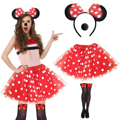 Ntwdby Costume da Mouse, costume da topo da donna, tutù rosso a pois, fascia con orecchie di topo, guanti e naso, mouse costume adulto per carnevale cosplay carnevale halloween