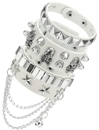 sourcing map 3Pcs Rock Punk Studded Leather Bracelet Set, 8.7/22cm Goth Spiked Cuff Wristband Adjustable Bracelets for Halloween Party Favors Emo Grunge Accessories, White