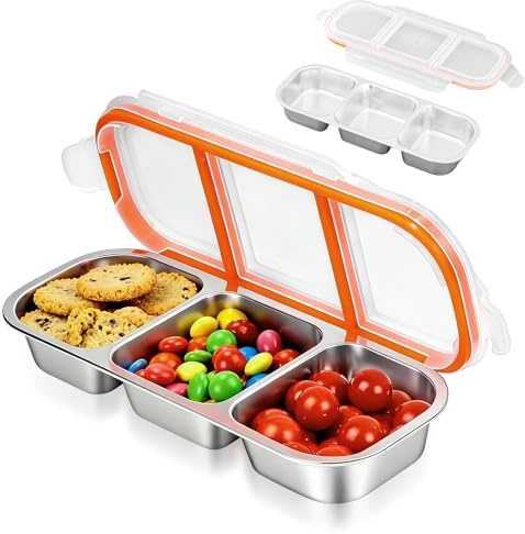 MFUSUL 3 Fächer Edelstahl Snackbox 600ml, Auslaufsicher, Tragbar, für Obst Gemüse Nüsse Kekse Saucen, Unterwegs Büro Schule